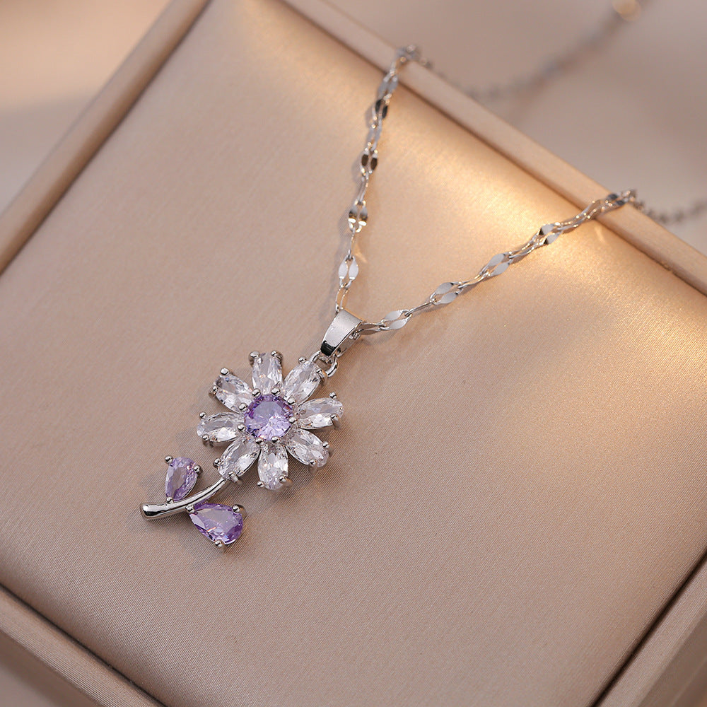 Collar de Girasol Morado con Baño en Plata
