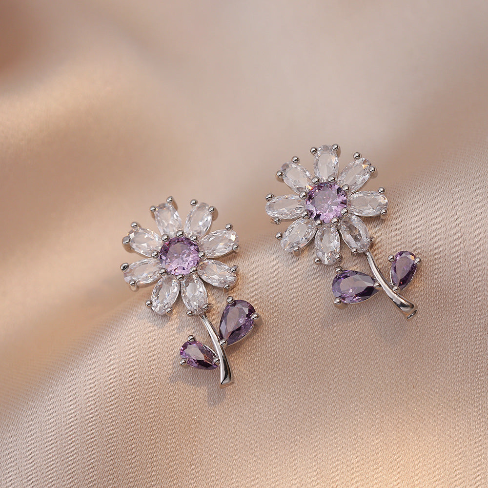 Pendientes de Girasol Morado con Baño en Plata